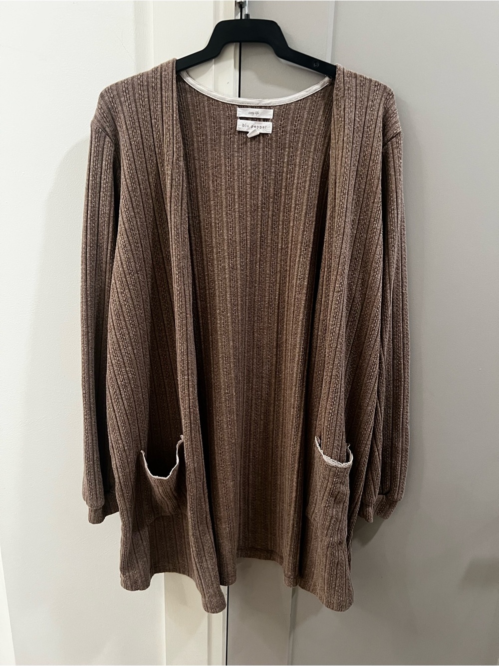 Blu Pepper Brown Ribbed Open-Front Women's Cardigan with lace detail
